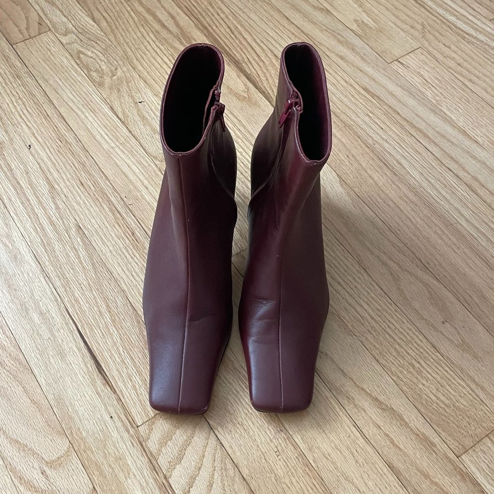 STAUD Burgundy Square-Toe Leather Ankle Boots